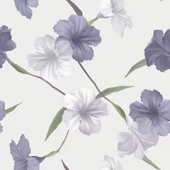 Gordijnen Floral seamless pattern, ruellia tuberosa flowers and leaves on grey © momosama