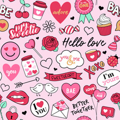 Cute decorative elements and typography design seamless pattern for valentine’s day.
