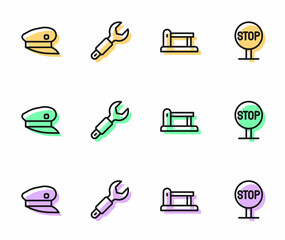 Set line Railway barrier, Train driver hat, Wrench spanner and Stop sign icon. Vector