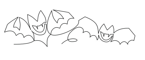 Vector hand-drawn illustration with one continuous line on a white background. Silhouette of two vampires smiling bats with fangs.