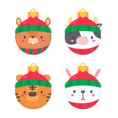 animal face christmas ball wearing a red woolen hat for decoration on Christmas