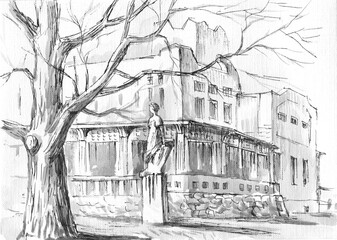  tree and art nouveau building sketch  - 464951790