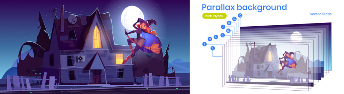 Night landscape with old house and witch flying on broom. Vector parallax background for 2d animation with cartoon illustration of beautiful girl in magician costume flying on background of moon