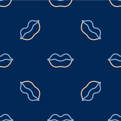 Line Smiling lips icon isolated seamless pattern on blue background. Smile symbol. Vector