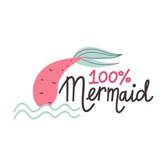 Cartoon mermaid. Cute little underwater character, princess with fish tail, adorable ocean fantasy creature, kids fairy tale girl, t-shirt print or poster with lettering, vector isolated illustration
