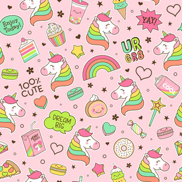 Cute unicorns , girl's elements and inspiration quotes seamless pattern background.
