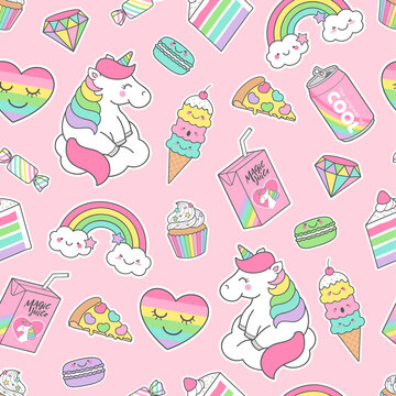 Cute pastel unicorn and dessert seamless pattern on pink background.