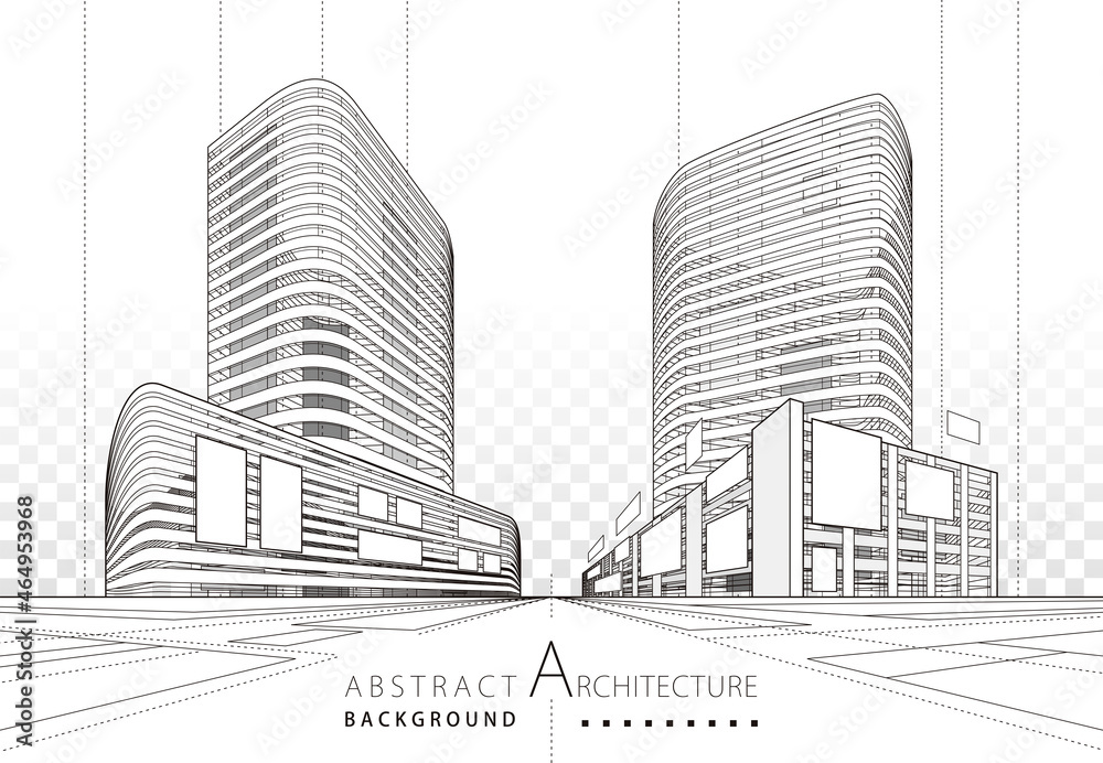 Poster 3D illustration linear drawing. Imagination architecture urban building design, architecture modern abstract background. 