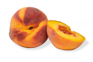 A whole peach and a piece isolated on a white background.Ripe red and yellow peach, nectarine on a white background.