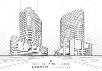 3D illustration linear drawing. Imagination architecture urban building design, architecture modern abstract background.  - 464953968