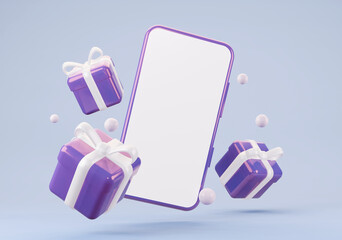 Flying gifts with a mobile phone mockup. 3d rendering.