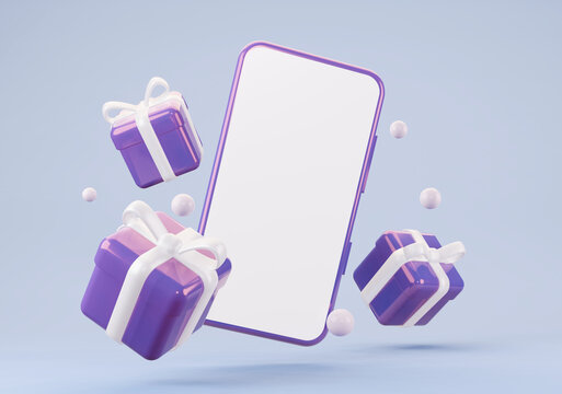 Flying gifts with a mobile phone mockup. 3d rendering.