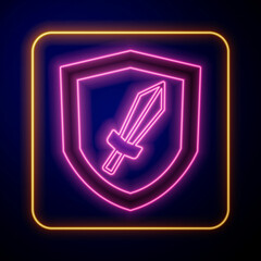 Glowing neon Sword for game icon isolated on black background. Vector