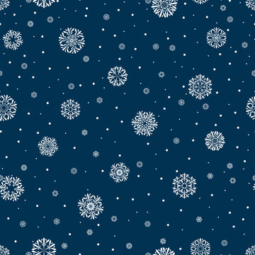 blue winter repetitive background with white snowflakes. vector seamless pattern. winter holiday. christmas design template for greeting card, banner, flyer, cover, invitation. modern stylish texture