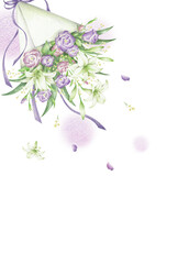 百合と紫のトルコキキョウの花束　はがきテンプレート　縦　手描き色鉛筆画