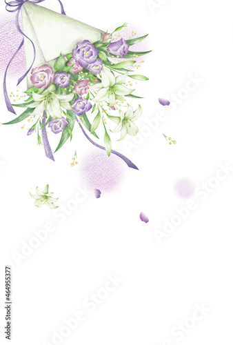 百合と紫のトルコキキョウの花束 はがきテンプレート 縦 手描き色鉛筆画 Wall Mural Miyu