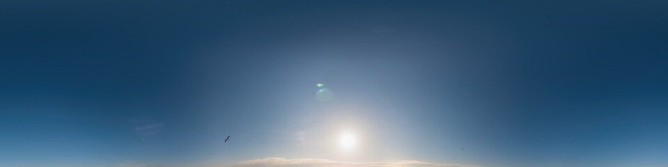 Dark blue sunset sky pano with Cirrus clouds. Seamless hdr panorama in spherical equirectangular format. Complete zenith for 3D visualization, game and sky replacement for aerial drone 360 panoramas.