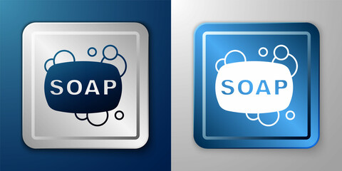 White Bar of soap icon isolated on blue and grey background. Soap bar with bubbles. Silver and blue square button. Vector