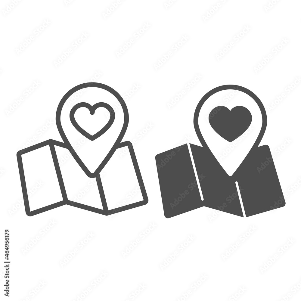 Poster map and location pin pointer with heart line and solid icon, dating concept, love navigation vector 