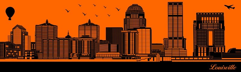 Vector city skyline silhouette - illustration, 
Town in orange background, 
Louisville Kentucky