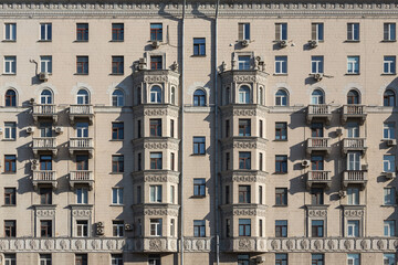 The faсade is a classic  stone building with  stucco  column. Soviet architecture