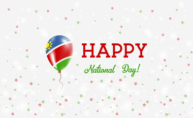 Namibia National Day patriotic poster. Flying Rubber Balloon in Colors of the Namibian Flag. Namibia National Day background with Balloon, Confetti, Stars, Bokeh and Sparkles.