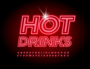 Vector Glowing Banner Hot Drinks. Red Neon Font. Bright Electric Alphabet Letters and Numbers set