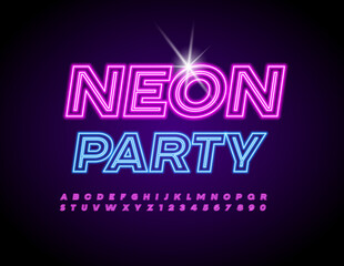 Vector event banner Night Party. Glowing light Font. Neon set of Alphabet Letters and Numbers