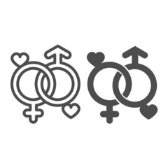 Two gender signs with hearts, unity line and solid icon, dating concept, male and female symbol vector sign on white background, outline style icon for mobile concept and web design. Vector graphics.