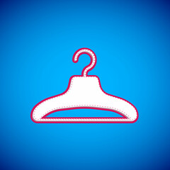 White Hanger wardrobe icon isolated on blue background. Cloakroom icon. Clothes service symbol. Laundry hanger sign. Vector