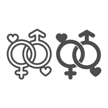 Two gender signs with hearts, unity line and solid icon, dating concept, male and female symbol vector sign on white background, outline style icon for mobile concept and web design. Vector graphics.