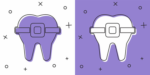 Set Teeth with braces icon isolated on white and purple background. Alignment of bite of teeth, dental row with with braces. Dental concept. Vector