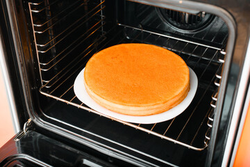 Close-up delicious baked pie on plate in oven in kitchen. Cake making process
