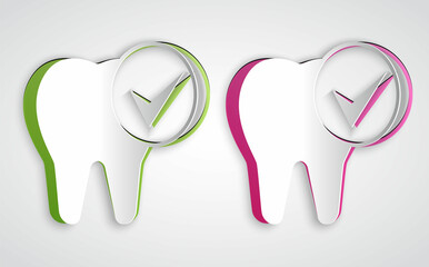 Paper cut Tooth icon isolated on grey background. Tooth symbol for dentistry clinic or dentist medical center and toothpaste package. Paper art style. Vector