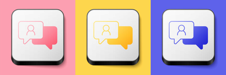 Fototapeta premium Isometric Speech bubble chat icon isolated on pink, yellow and blue background. Message icon. Communication or comment chat symbol. Square button. Vector