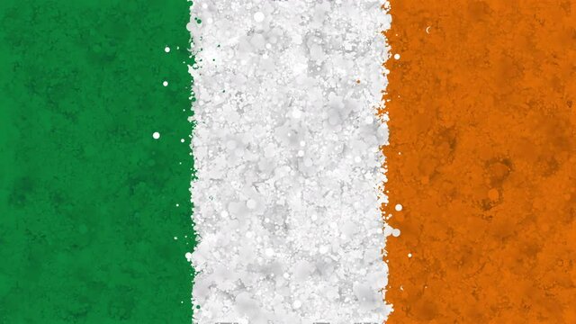 Colorful animation of the flag of Ireland, gradually emerging from a moving swirling cloud consisting of many colorful small particles. The particles rotate to form the national flag of Ireland.