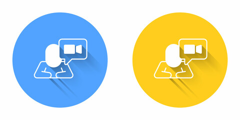 White Video chat conference icon isolated with long shadow background. Online meeting work form home. Remote project management. Circle button. Vector