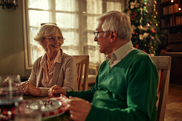 Senior couple having dinner together on Christmas eve at home