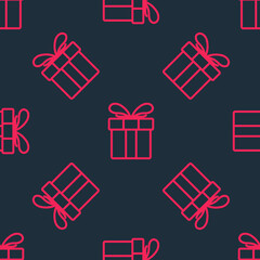 Red line Gift box icon isolated seamless pattern on black background. Merry Christmas and Happy New Year. Vector