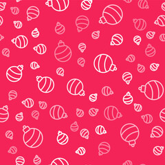 White line Christmas ball icon isolated seamless pattern on red background. Merry Christmas and Happy New Year. Vector