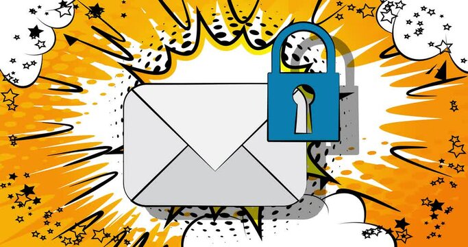 Sending encrypted E-Mail protection blue secure mail internet symbol. Motion poster. 4k animated Comic book sign moving on abstract comics background. Retro pop art style.