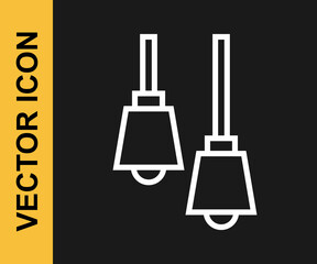 White line Lamp hanging icon isolated on black background. Ceiling lamp light bulb. Vector