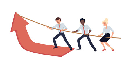 Teamwork pulling up red arrow raising profit cartoon vector concept.