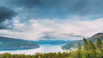 Utvik, Sogn Og Fjordane County, Norway. Norwegian Mountain Lake Landscape. The Innvikfjord Is A Sub-fjord Of Nordfjord In The Municipality Of Stryn In Sogn Og Fjordane. Time-lapse 4k