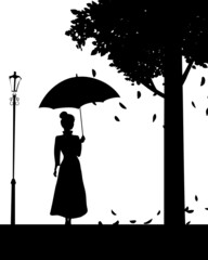 Silhouette of cute girl with umbrella, black color, autumn, tree, street lamp. Vector illustration wight background