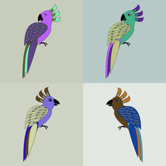 Set of vector brown  cute  parrot  on beige isolated background. Animal set.