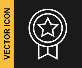 White line Game rating with medal icon isolated on black background. Level results for game. Vector