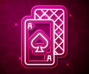 Glowing neon line Playing cards icon isolated on red background. Casino gambling. Vector