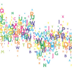 Falling letters of English language. Bright handdrawn flying words of Latin alphabet. Foreign languages study concept. Optimal back to school banner on white background.