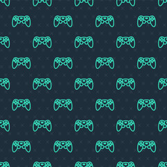 Green line Game controller or joystick for game console icon isolated seamless pattern on blue background. Vector © Iryna